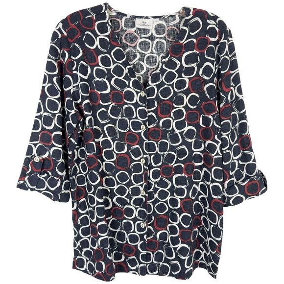 Hot Cotton‎ Marc Ware Small Top Linen Navy Blue Red White Button Up Womens 987 - Picture 1 of 10